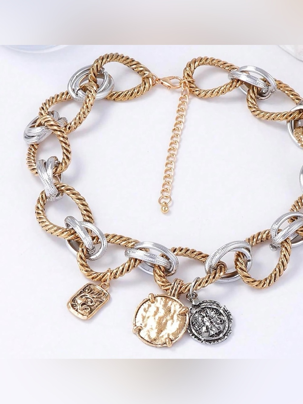 Vintage Mixed Metal Coin Charm Chain Necklace – Gold & Silver Statement Necklace - Picture 2 of 6